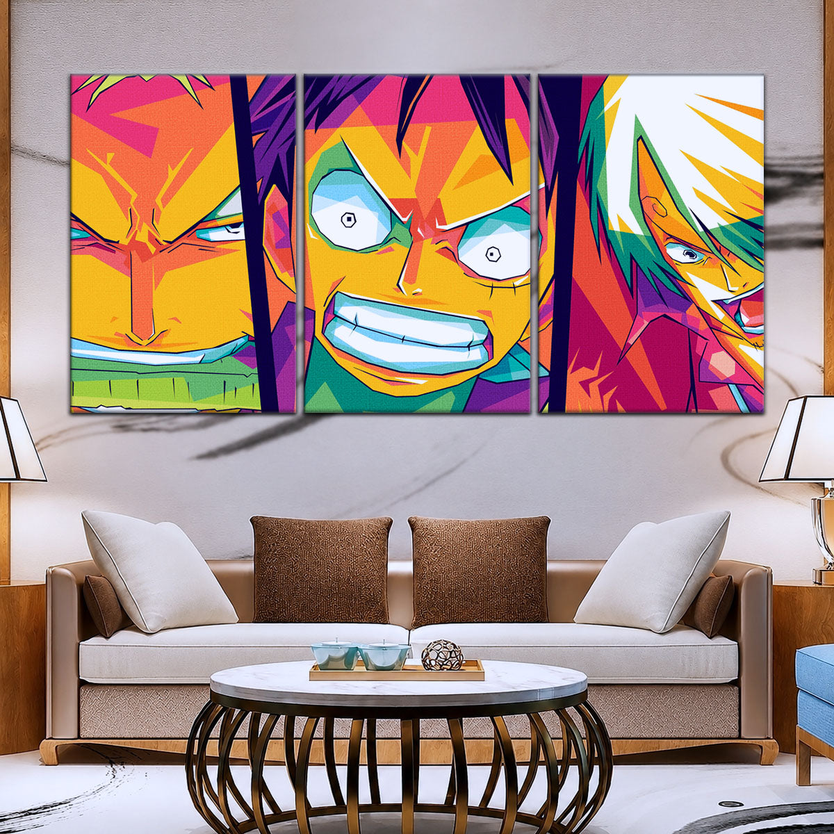 One Piece Canvas Wall Art - Monster Trio Luffy, Zoro & Sanji 5 Piece Split Panel Anime Poster - Framed Ready to Hang Living Room & Man Cave Decor - OP5016