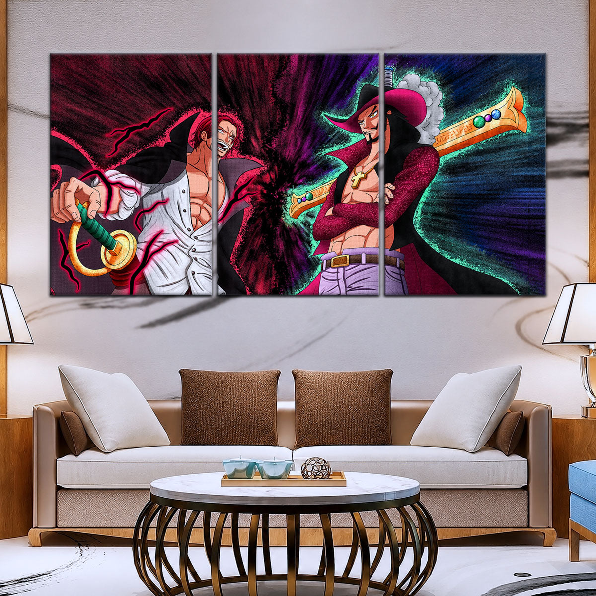 One Piece Canvas Wall Art - Mihawk vs Shanks 5 Piece Split Panel Anime Poster - Framed Ready to Hang Living Room & Man Cave Decor - OP5021