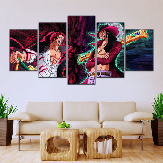 One Piece Canvas Wall Art - Mihawk vs Shanks 5 Piece Split Panel Anime Poster - Framed Ready to Hang Living Room & Man Cave Decor - OP5021