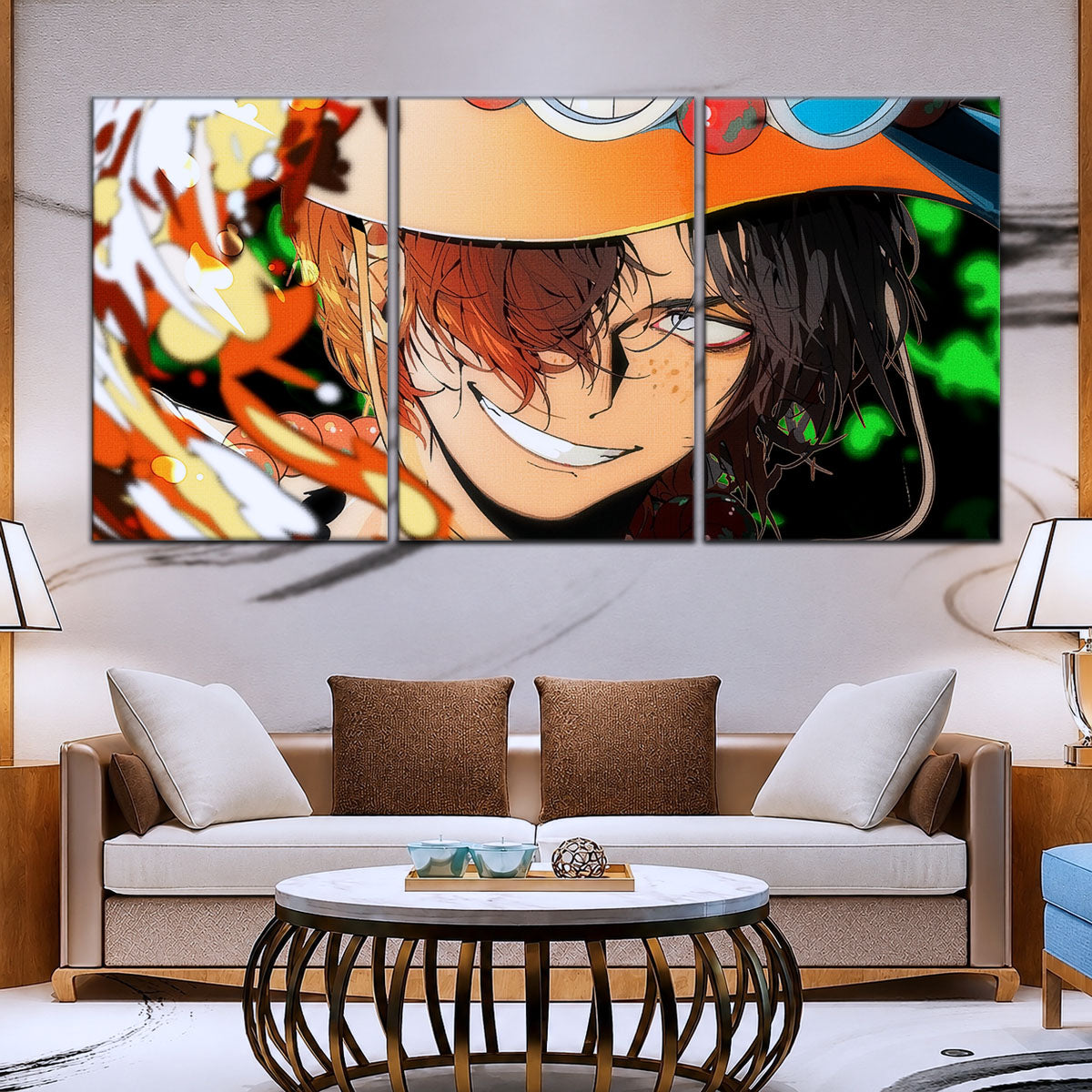 One Piece Canvas Wall Art - Portgas D. Ace Fire Fist 5 Piece Split Panel Anime Poster - Framed Ready to Hang Living Room & Man Cave Decor - OP5034