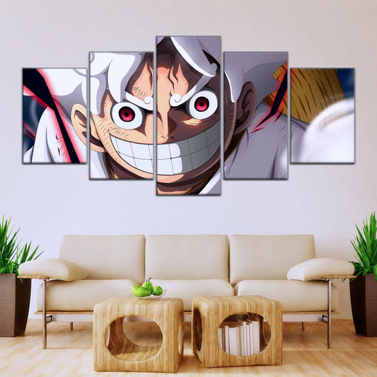 One Piece Canvas Wall Art - Luffy Gear Fifth 5 Piece Split Panel Anime Poster - Framed Ready to Hang Living Room & Man Cave Decor - OP5046