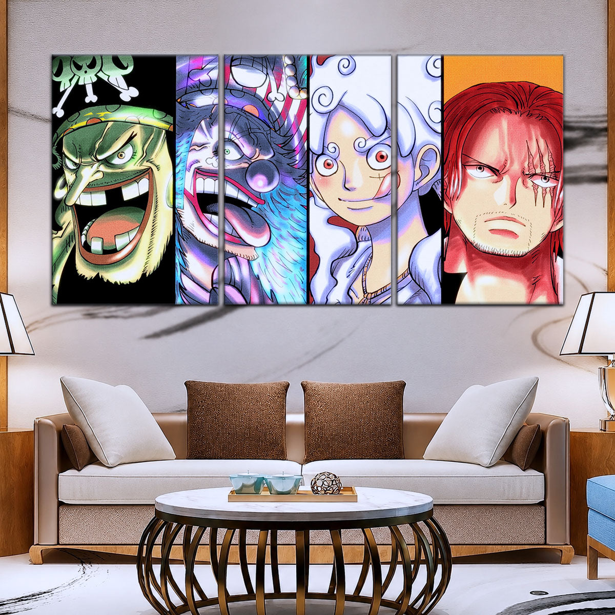One Piece Canvas Wall Art - Luffy Gear 5, Buggy & Teach 5 Piece Split Panel Anime Poster - Framed Ready to Hang Living Room & Man Cave Decor - OP5069