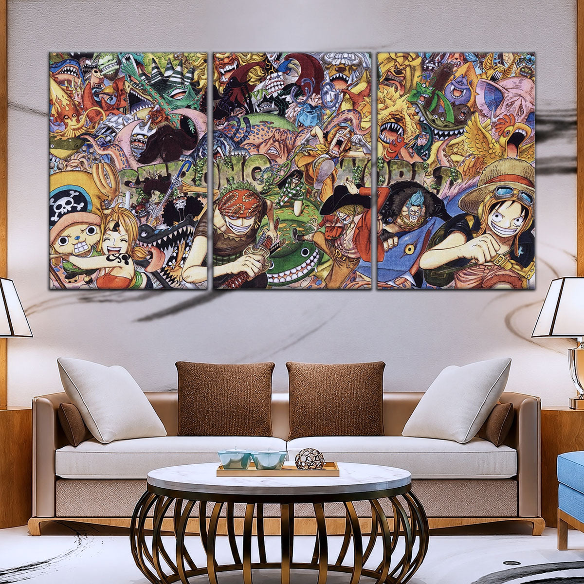 One Piece Canvas Wall Art - Strong World Straw Hat Crew 5 Piece Split Panel Anime Poster - Framed Ready to Hang Living Room & Man Cave Decor - OP5072