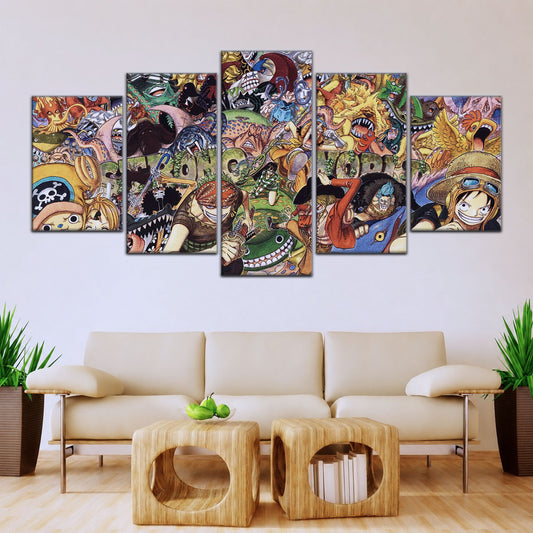 One Piece Canvas Wall Art - Strong World Straw Hat Crew 5 Piece Split Panel Anime Poster - Framed Ready to Hang Living Room & Man Cave Decor - OP5072
