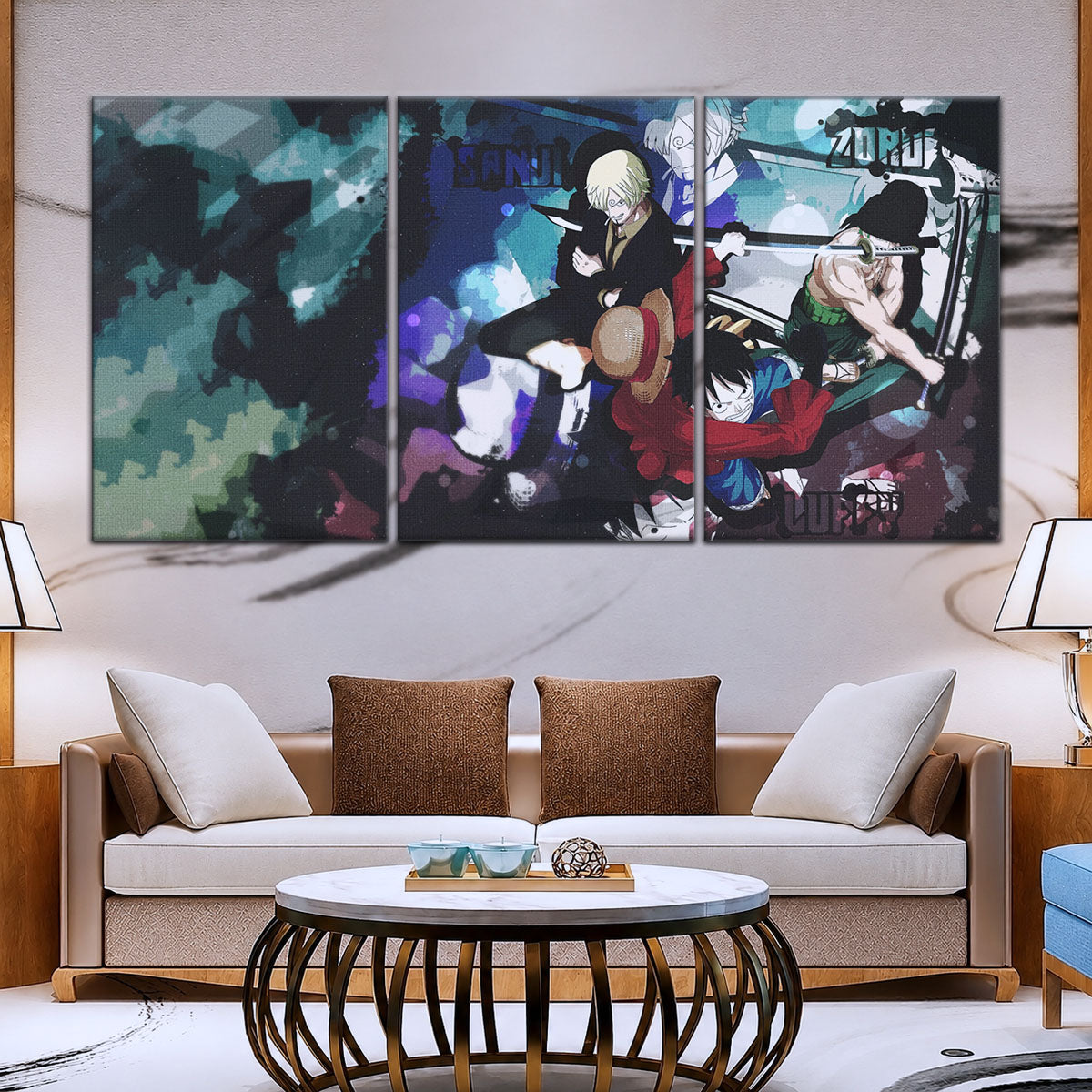 One Piece Canvas Wall Art - Monster Trio Luffy, Zoro & Sanji 5 Piece Split Panel Anime Poster - Framed Ready to Hang Living Room & Man Cave Decor - OP5074