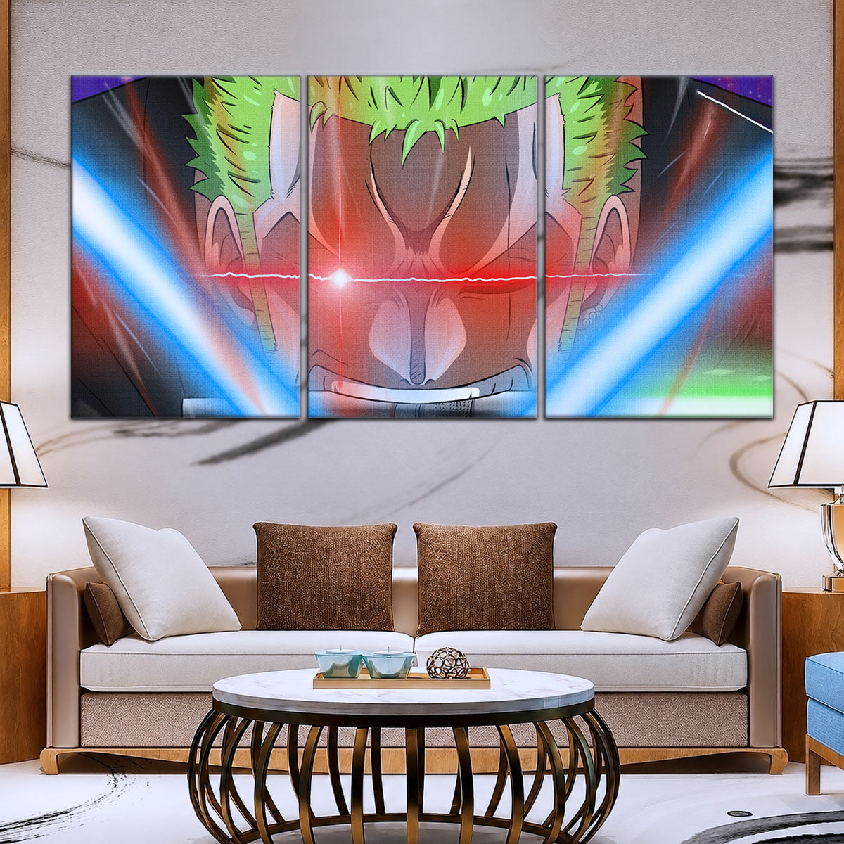 One Piece Canvas Wall Art - Roronoa Zoro Three Sword Style 5 Piece Split Panel Anime Poster - Framed Ready to Hang Living Room & Man Cave Decor - OP5077