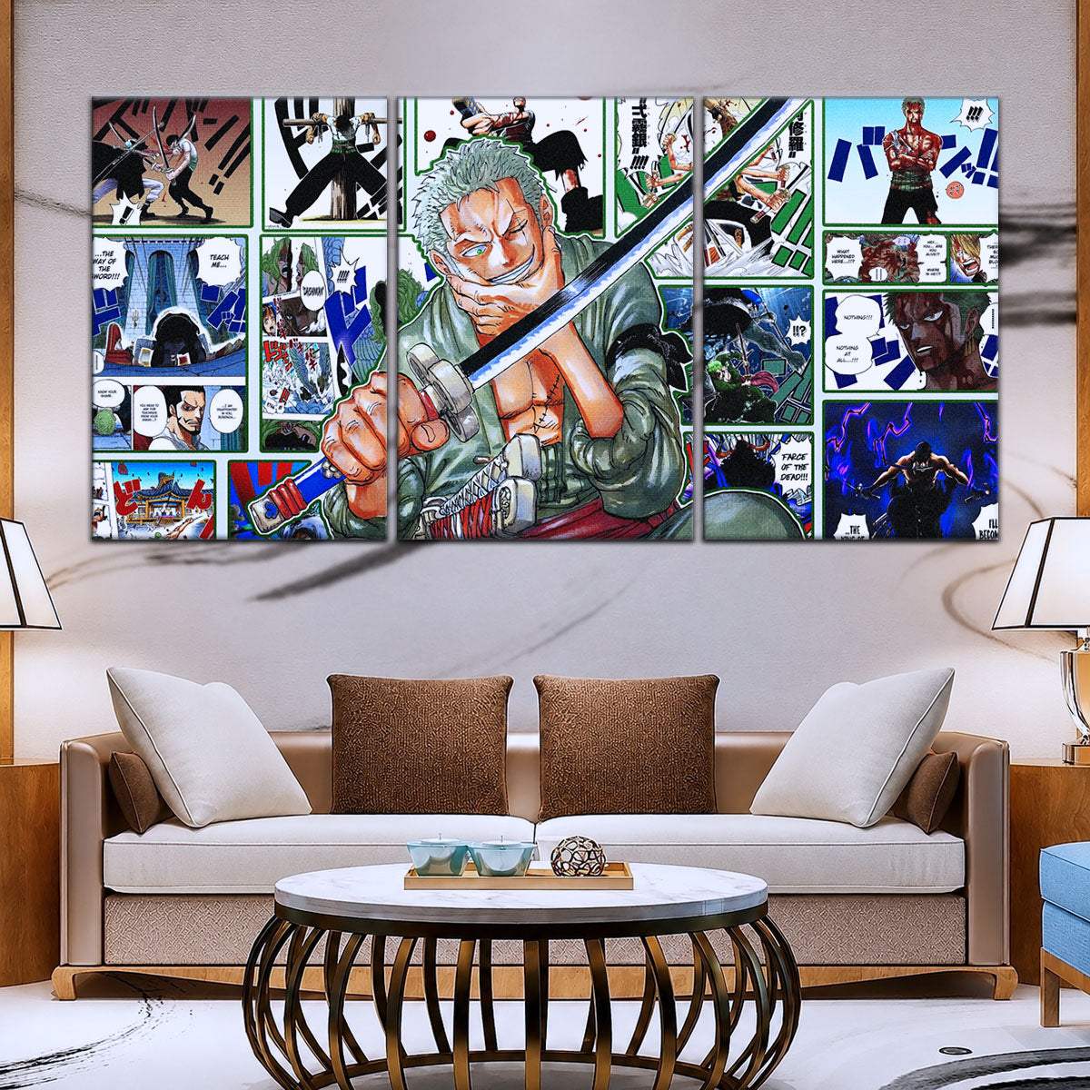 One Piece Canvas Wall Art - Roronoa Zoro Three Sword Style 5 Piece Split Panel Anime Poster - Framed Ready to Hang Living Room & Man Cave Decor - OP5080