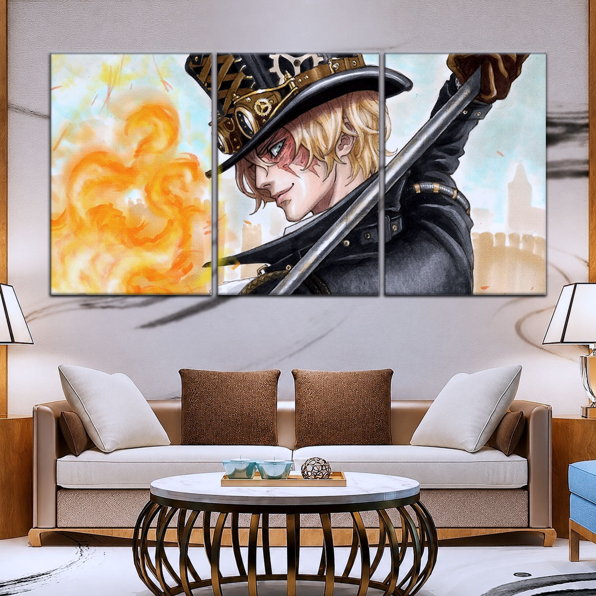 One Piece Canvas Wall Art - Sabo Fire Fist 5 Piece Split Panel Anime Poster - Framed Ready to Hang Living Room & Man Cave Decor - OP5083