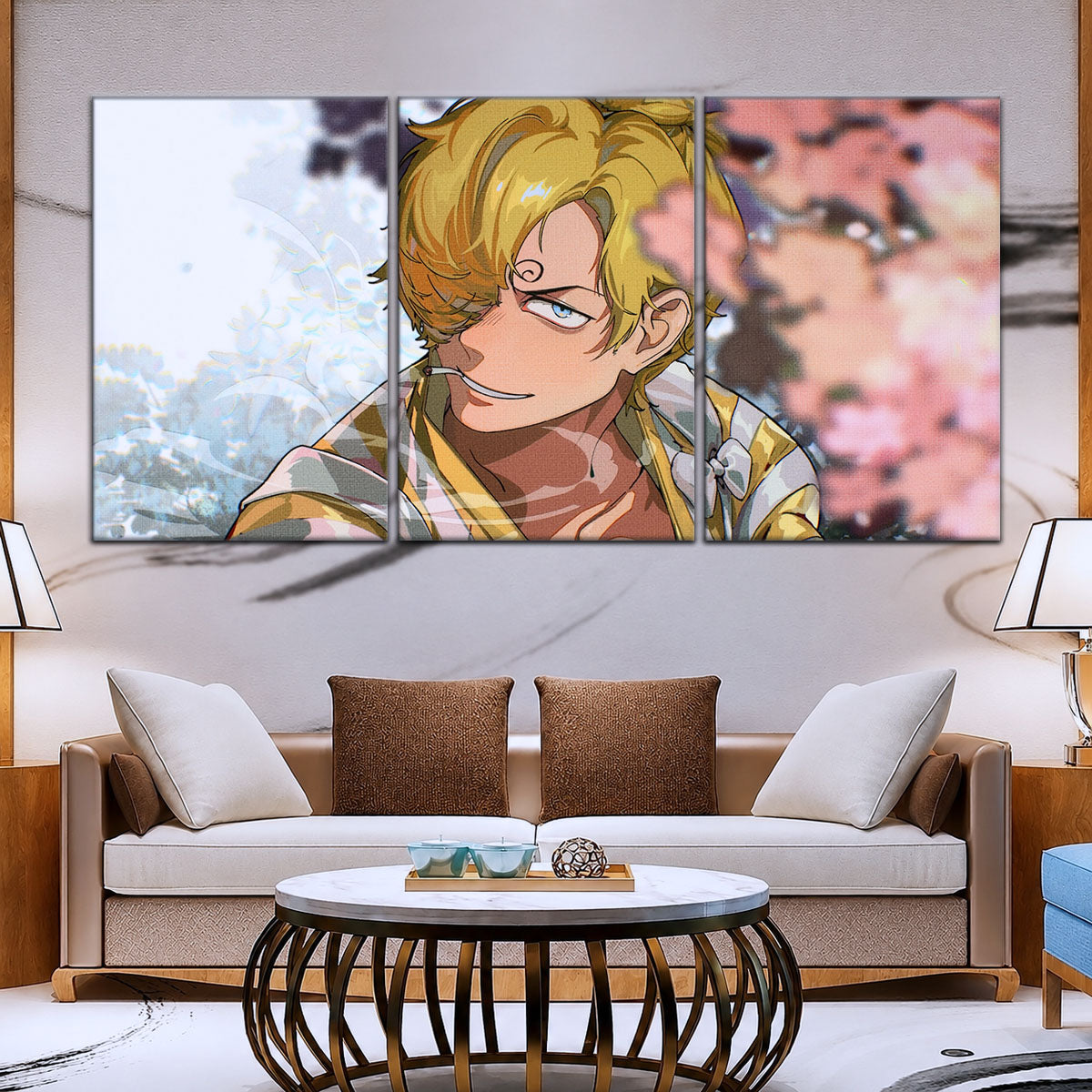 One Piece Canvas Wall Art - Sanji in Bloom Stunning 5 Piece Split Panel Anime Poster - Framed Ready to Hang Living Room & Man Cave Decor - OP5086