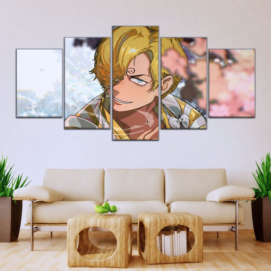 One Piece Canvas Wall Art - Sanji in Bloom Stunning 5 Piece Split Panel Anime Poster - Framed Ready to Hang Living Room & Man Cave Decor - OP5086