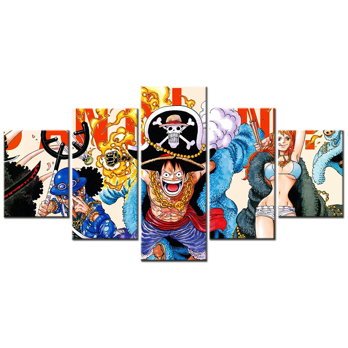 One Piece Canvas Wall Art - Monkey D. Luffy, Nami & Sabo 5 Piece Split Panel Anime Poster - Framed Ready to Hang Living Room & Man Cave Decor - OP5100