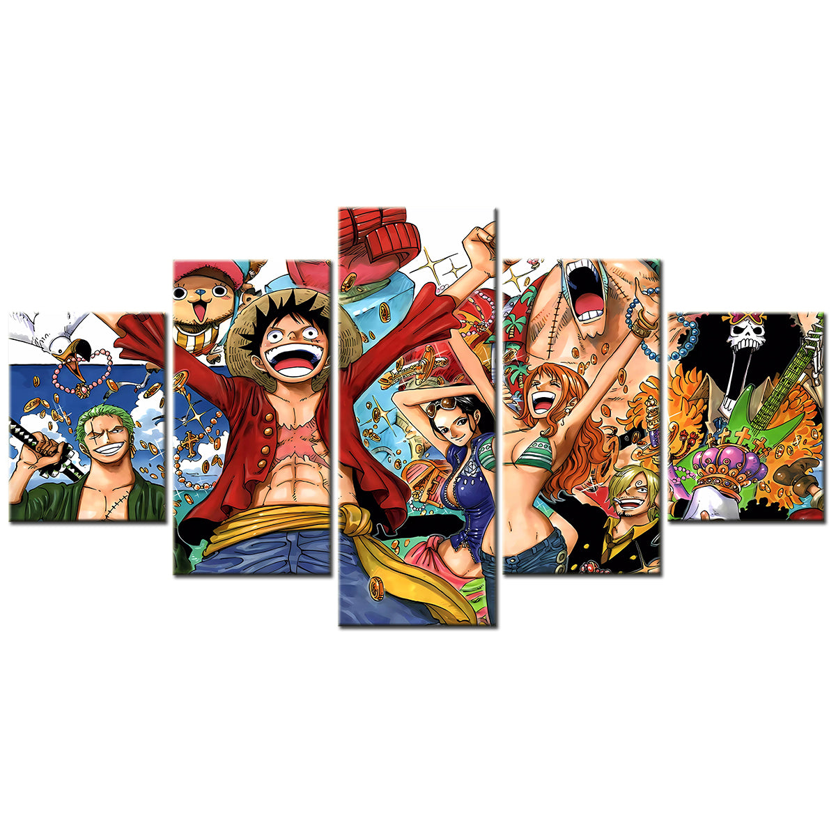 One Piece Canvas Wall Art - Luffy Zoro Nami Robin 5 Piece Split Panel Anime Poster - Framed Ready to Hang Living Room & Man Cave Decor - OP5106