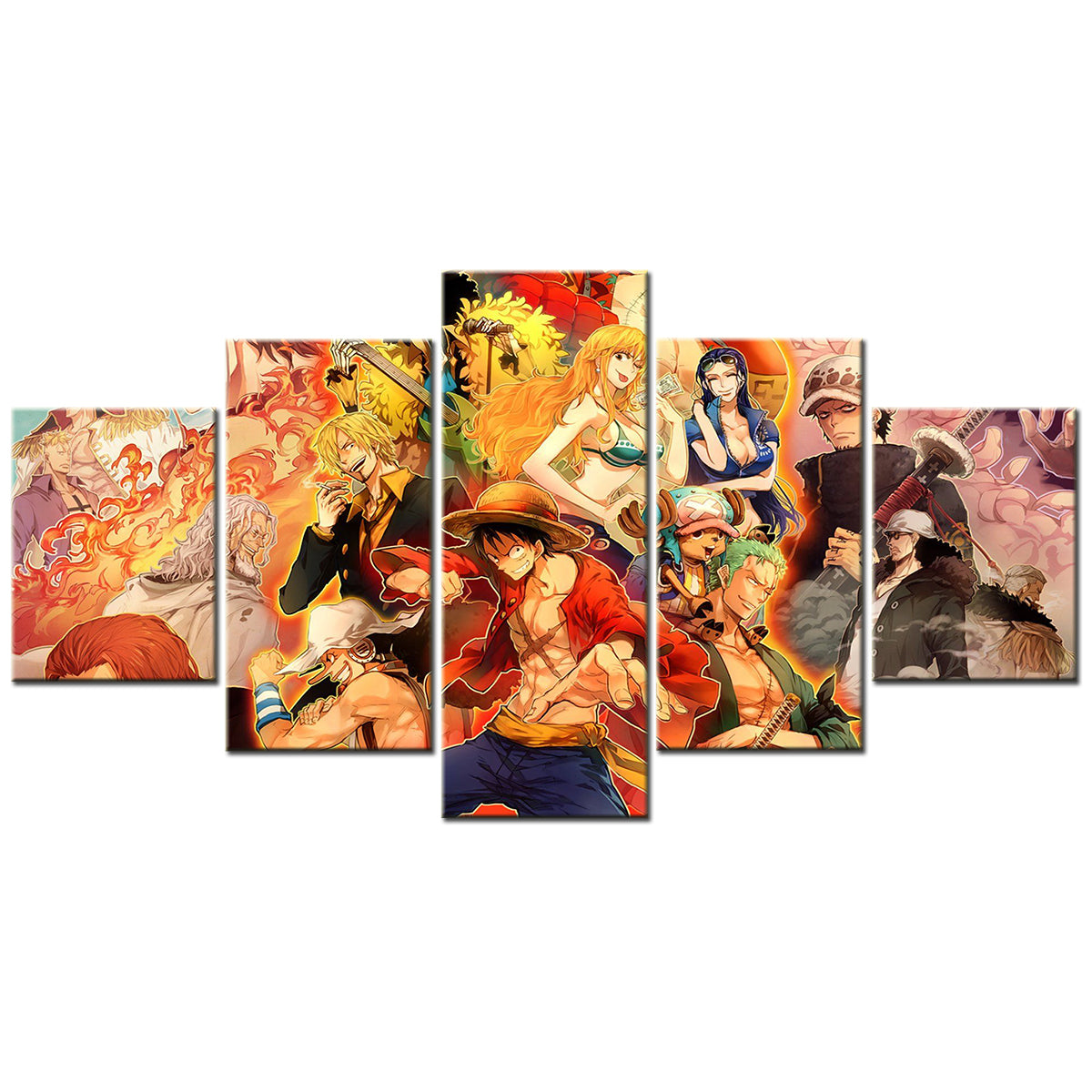 One Piece Canvas Wall Art - Luffy Zoro Sanji Straw Hat Crew 5 Piece Split Panel Anime Poster - Framed Ready to Hang Living Room & Man Cave Decor - OP5108