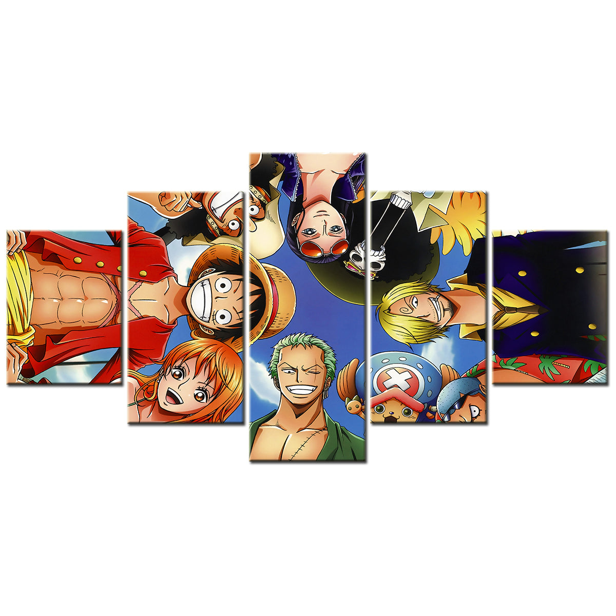 One Piece Canvas Wall Art - Luffy Zoro Sanji Straw Hat Crew 5 Piece Split Panel Anime Poster - Framed Ready to Hang Living Room & Man Cave Decor - OP5110