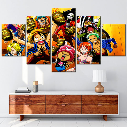 One Piece Canvas Wall Art - Luffy Zoro Sanji Straw Hat Crew 5 Piece Split Panel Anime Poster - Framed Ready to Hang Living Room & Man Cave Decor - OP5117