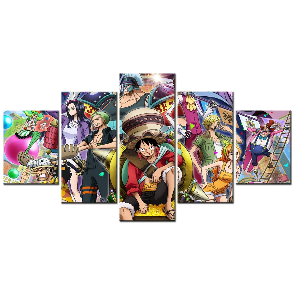 One Piece Canvas Wall Art - Luffy Zoro Sanji Straw Hat Crew 5 Piece Split Panel Anime Poster - Framed Ready to Hang Living Room & Man Cave Decor - OP5119