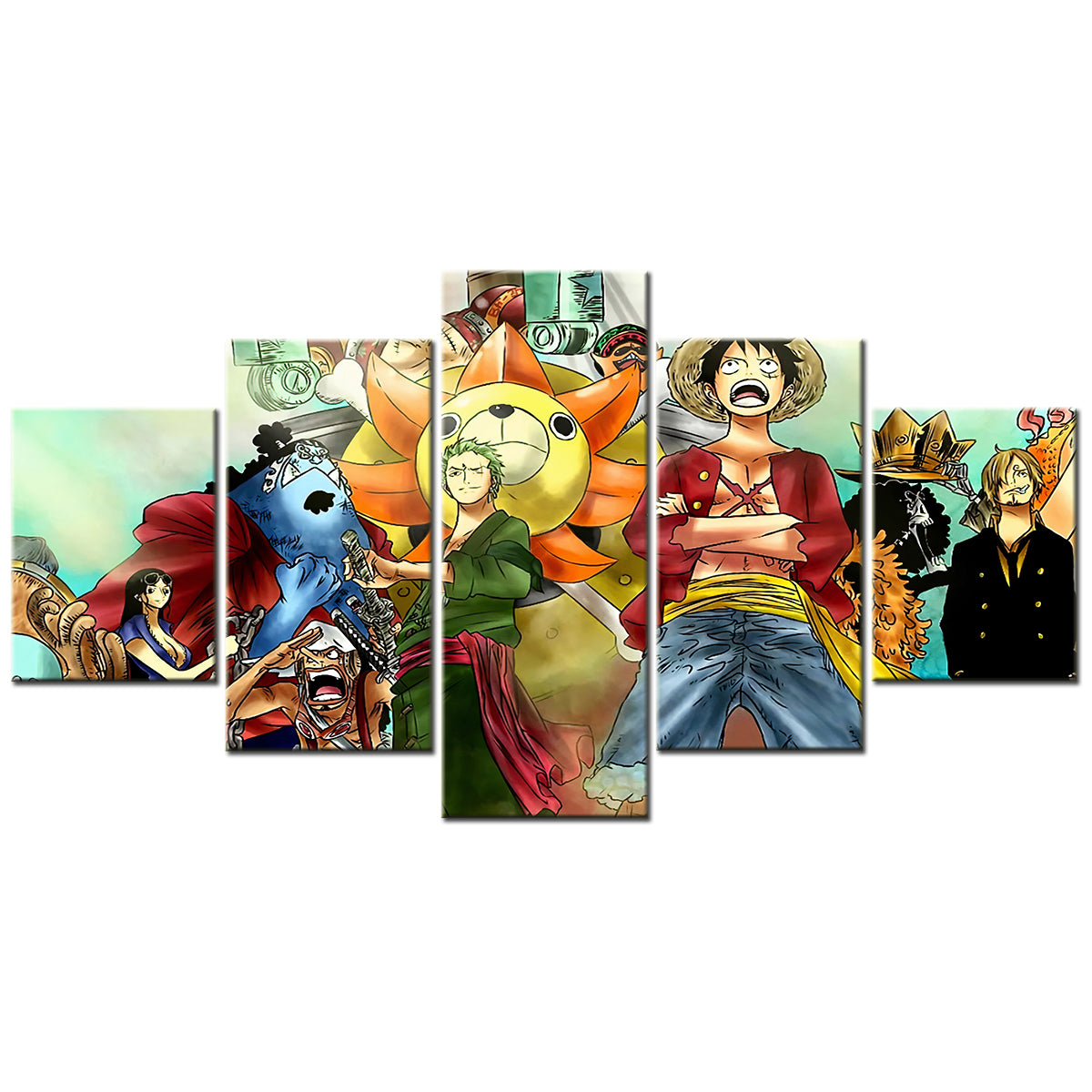 One Piece Canvas Wall Art - Luffy Zoro Sanji Straw Hat Crew 5 Piece Split Panel Anime Poster - Framed Ready to Hang Living Room & Man Cave Decor - OP5125