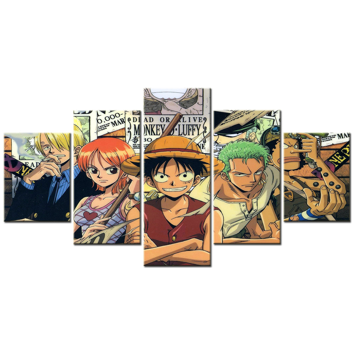 One Piece Canvas Wall Art - Luffy Zoro Sanji Straw Hat Crew 5 Piece Split Panel Anime Poster - Framed Ready to Hang Living Room & Man Cave Decor - OP5131