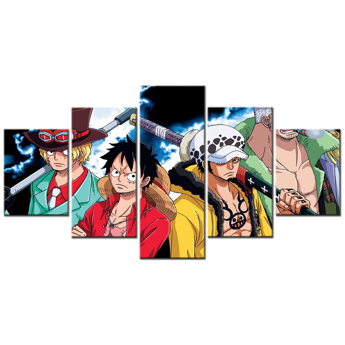One Piece Canvas Wall Art - Luffy Zoro Law Sabo 5 Piece Split Panel Anime Poster - Framed Ready to Hang Living Room & Man Cave Decor - OP5133