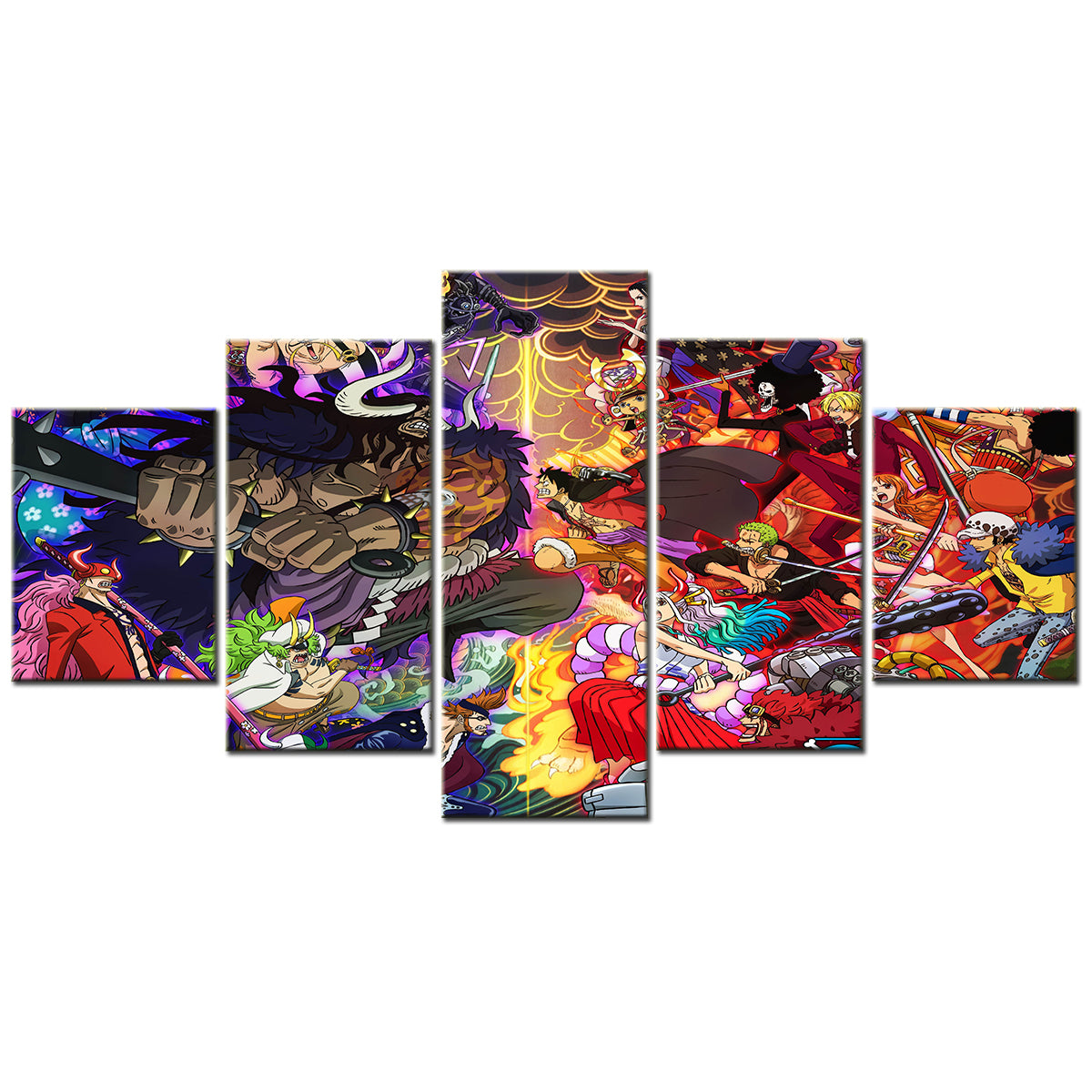 One Piece Wano Arc Canvas Wall Art - Luffy Zoro Sanji Straw Hat Crew vs Kaido 5 Piece Split Panel Anime Poster - Framed Ready to Hang Living Room & Man Cave Decor - OP5138