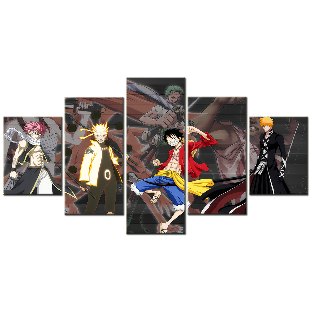 One Piece & Naruto Crossover Canvas Wall Art - Luffy, Zoro, Naruto, Kakashi 5 Piece Split Panel Anime Poster - Framed Ready to Hang Living Room & Man Cave Decor - OP5142