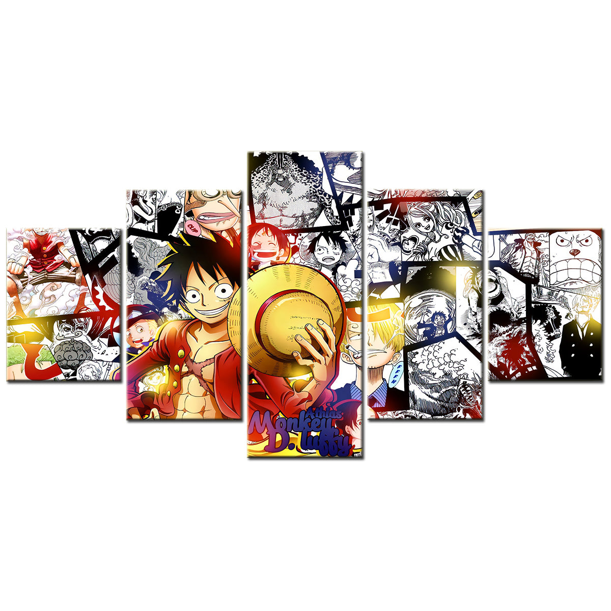 One Piece Canvas Wall Art - Monkey D. Luffy 5 Piece Split Panel Anime Poster - Framed Ready to Hang Living Room & Man Cave Decor - OP5151