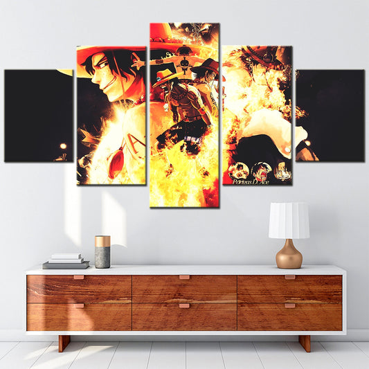 One Piece Canvas Wall Art - Fire Fist Ace 5 Piece Split Panel Anime Poster - Framed Ready to Hang Living Room & Man Cave Decor - OP5158