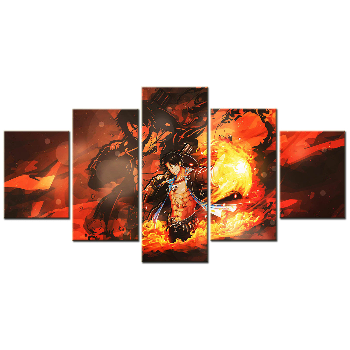 One Piece Canvas Wall Art - Fire Fist Ace 5 Piece Split Panel Anime Poster - Framed Ready to Hang Living Room & Man Cave Decor - OP5162