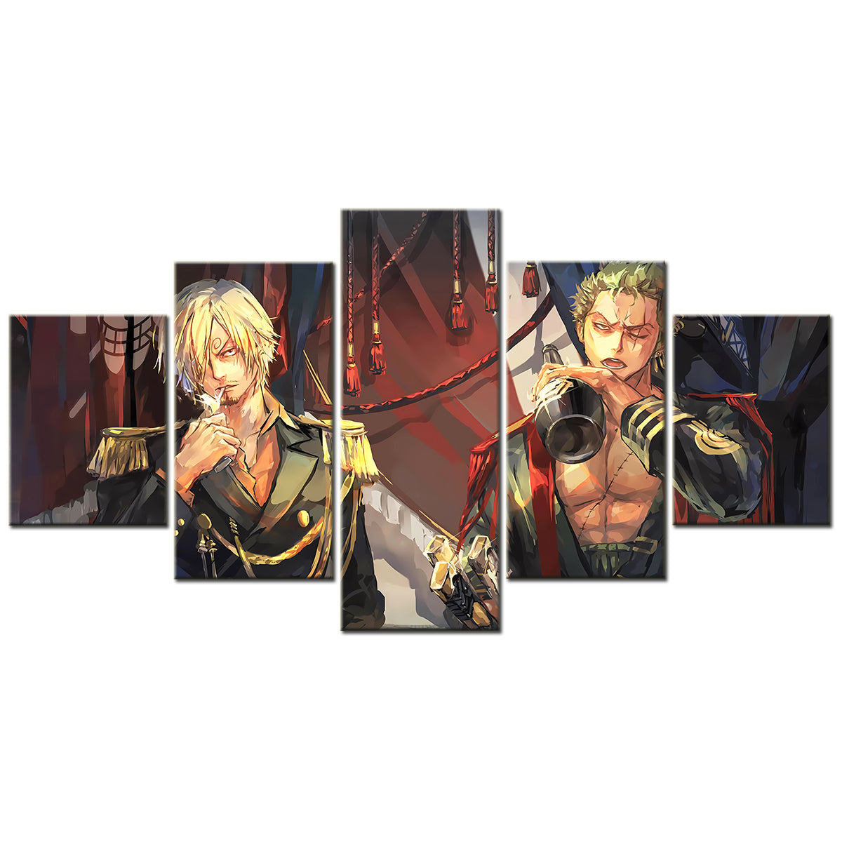 One Piece Canvas Wall Art - Roronoa Zoro Three Sword Style & Sanji 5 Piece Split Panel Anime Poster - Framed Ready to Hang Living Room & Man Cave Decor - OP5165