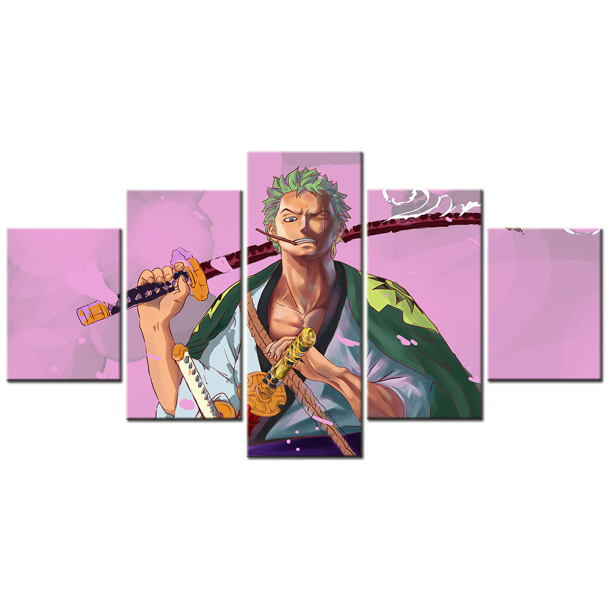 One Piece Canvas Wall Art - Roronoa Zoro Three Sword Style 5 Piece Split Panel Anime Poster - Framed Ready to Hang Living Room & Man Cave Decor - OP5171