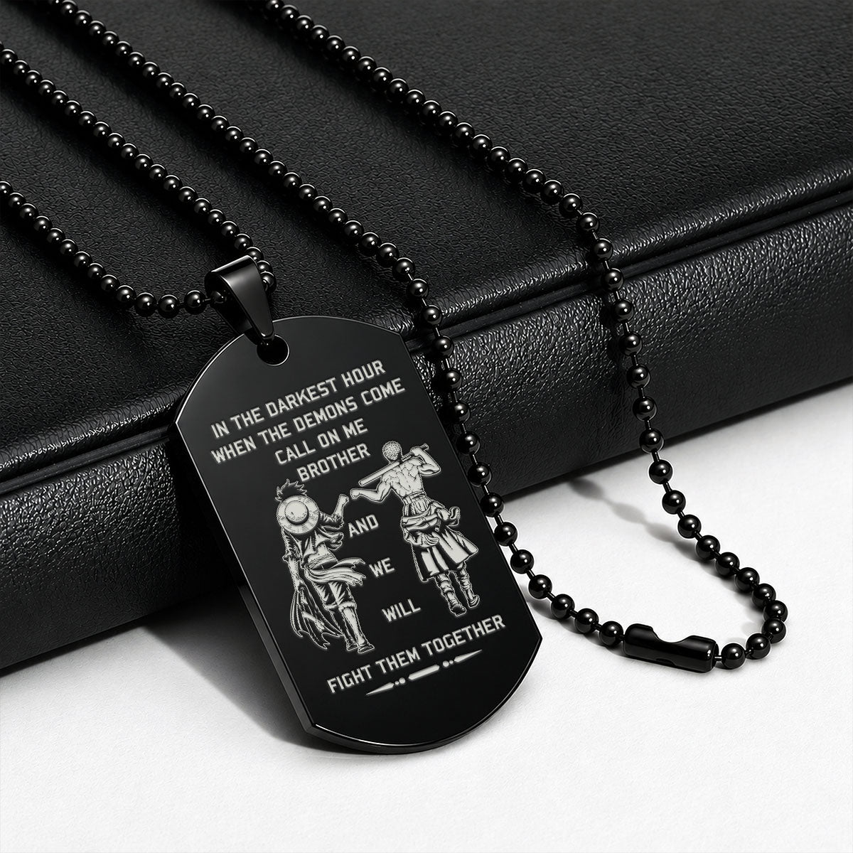 One Piece Engraved Dog Tag Necklace - OPD002 - Monkey D. Luffy - Roronoa Zoro - Call On Me Brother - Military Ball Chain