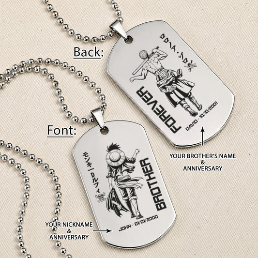 One Piece Engraved Dog Tag Necklace - OPD005 - Monkey D. Luffy - Roronoa Zoro - Brother Forever - Military Ball Chain