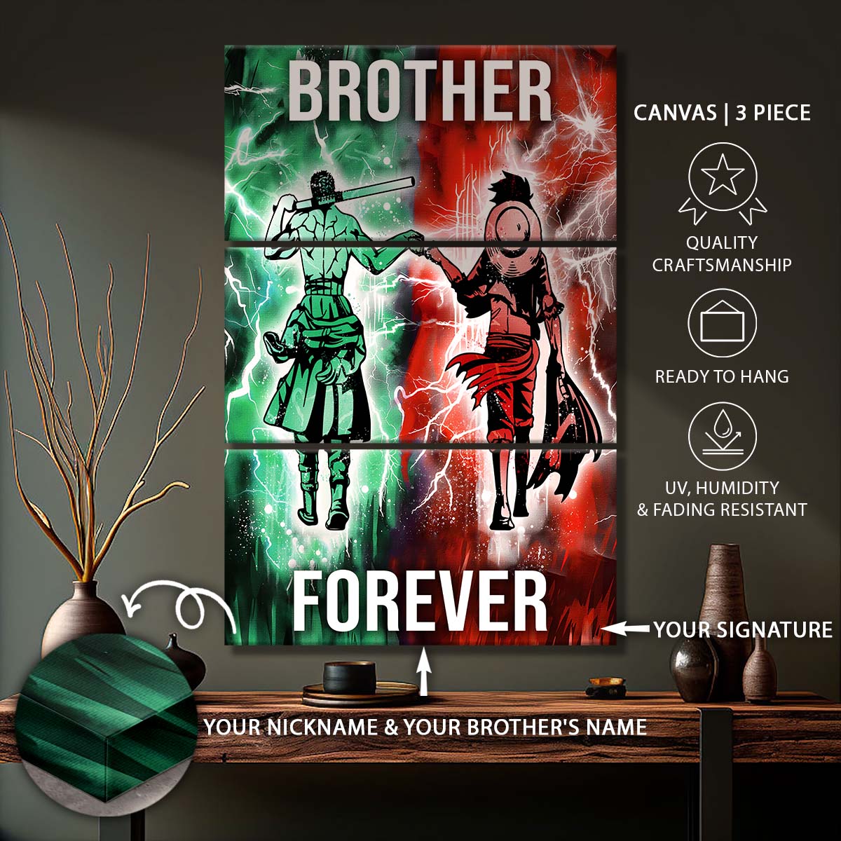 One Piece - 3 Piece Wall Art - OP002 - Brother Forever - Monkey D. Luffy - Roronoa Zoro - One Piece Canvas