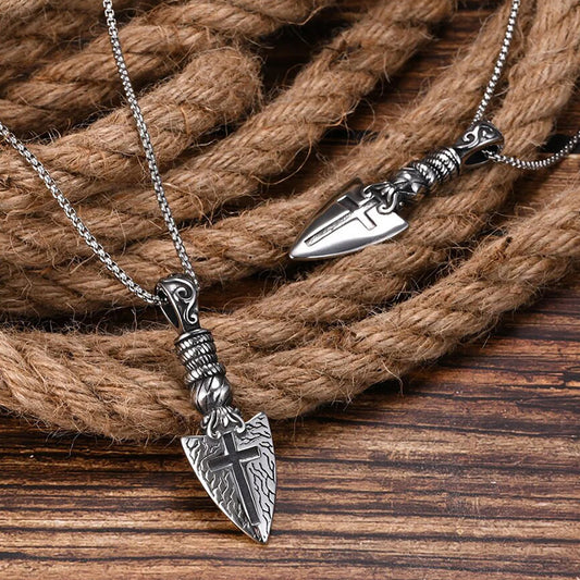 Viking - Retro Arrow Head Pendant Necklaces for Men, Punk Rock Nordic Viking Cross Spear Head Pendant