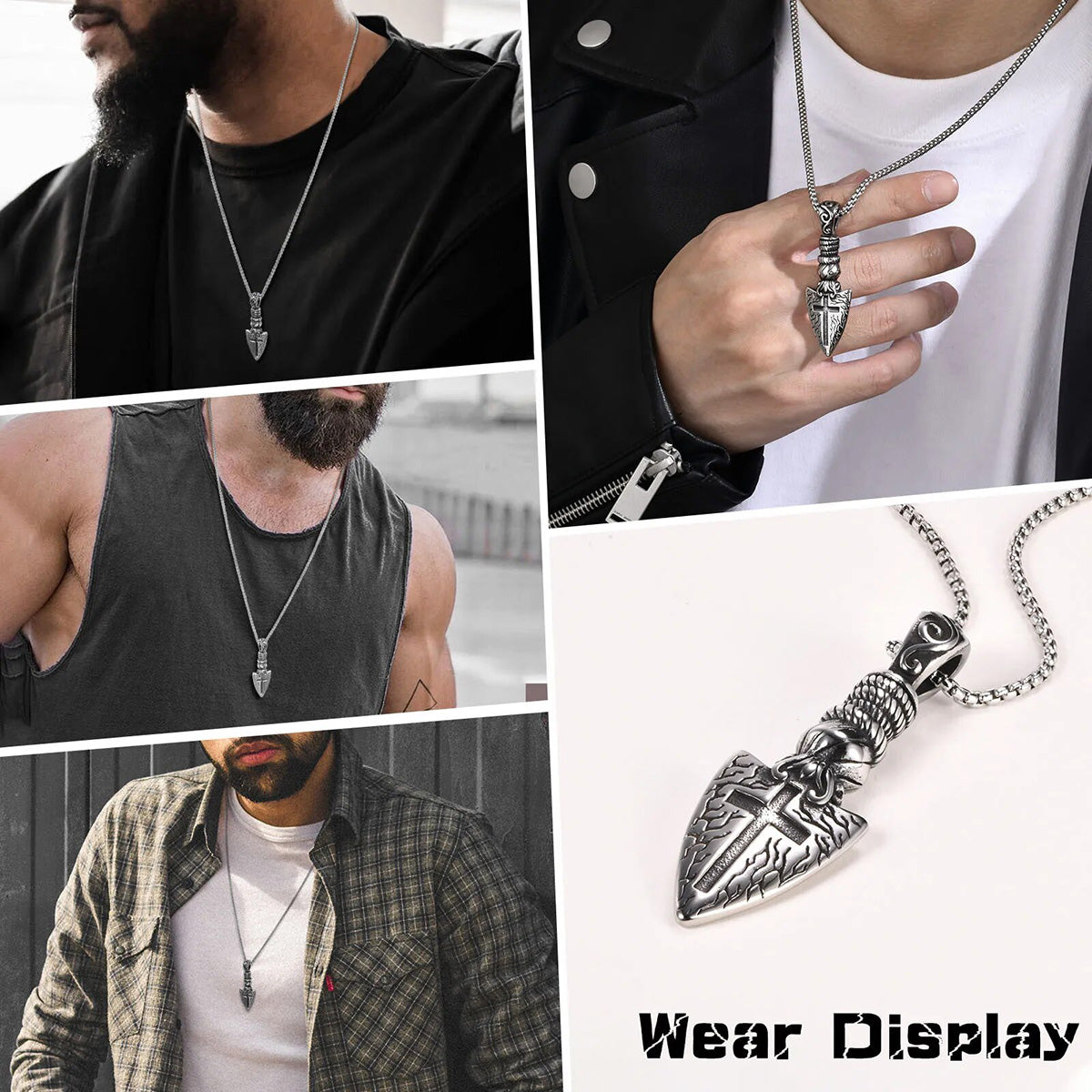Viking - Retro Arrow Head Pendant Necklaces for Men, Punk Rock Nordic Viking Cross Spear Head Pendant