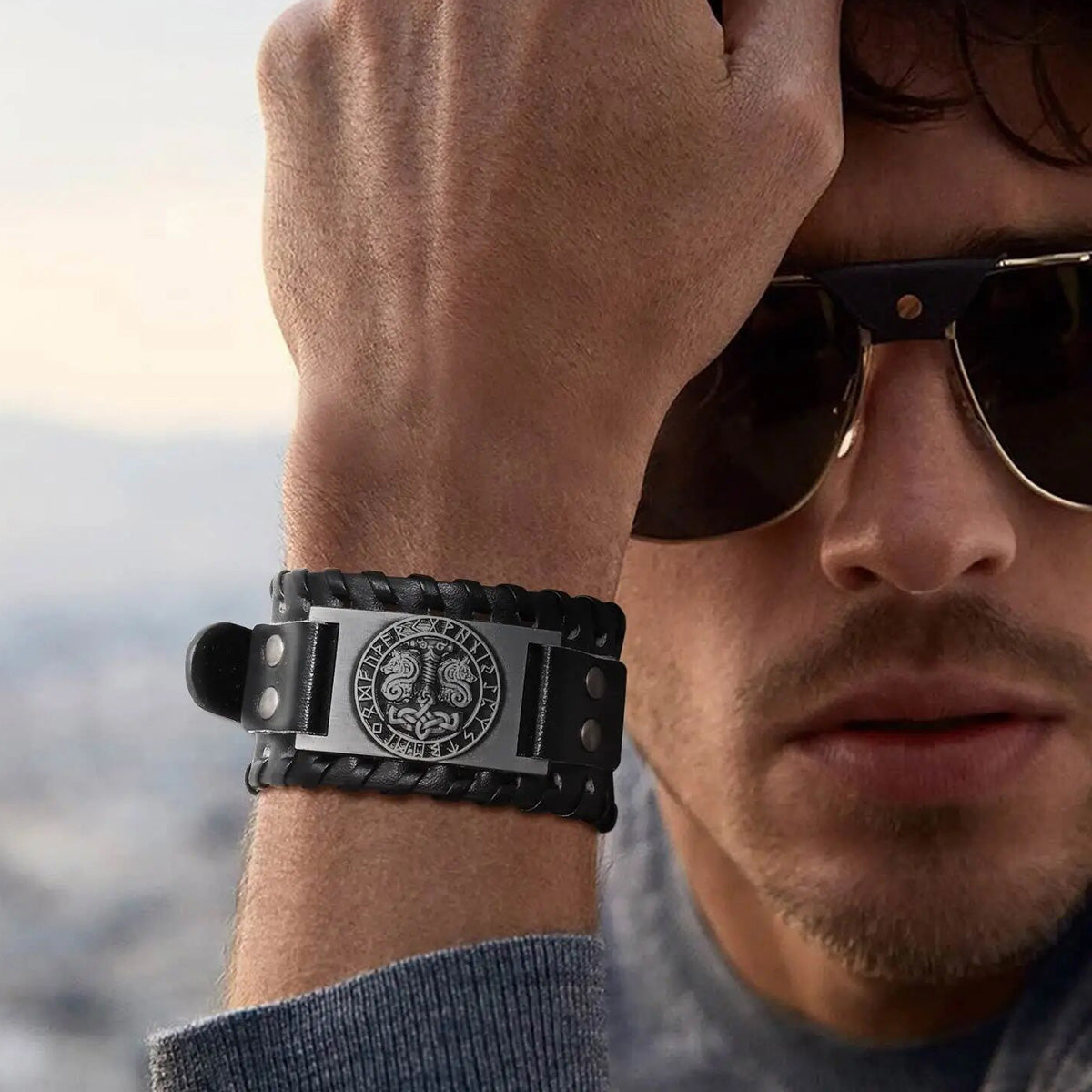 Viking - Rock Norse Viking Bracelets for Men,Thor's Hammer Dragon Compass Charm Leather Rope Wristband