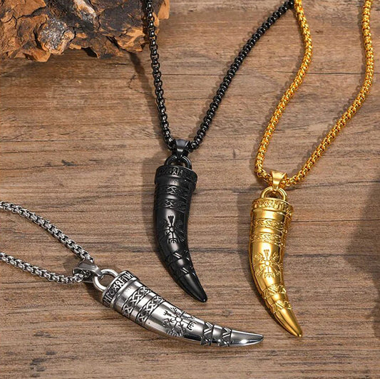 Viking - Rock Punk Viking Horn Necklaces for Men, Stainless Steel Norse Celtic Knots Compass Pendant Collar, Amulet Gift Jewelry