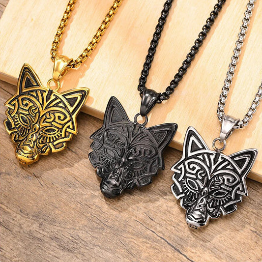 Viking - Rock Punk Wolf Head Necklaces for Men, Solid Stainless Steel Material Viking Animal Style Pendant