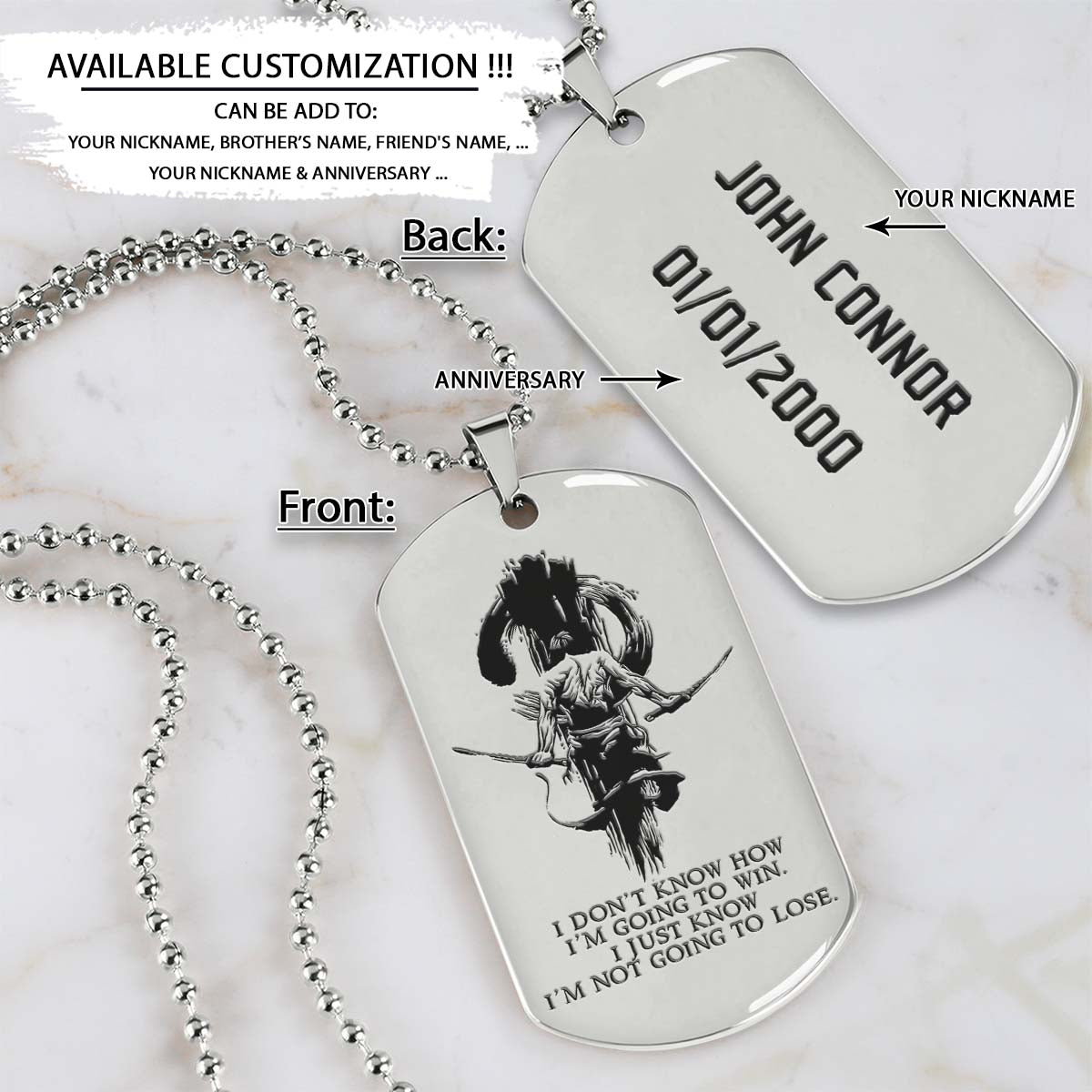 Samurai Dog Tag - I'm Not Going To Lose - Bushido - Katana - Ronin - Miyamoto Musashi - Samurai Necklace - Engrave Dog Tag