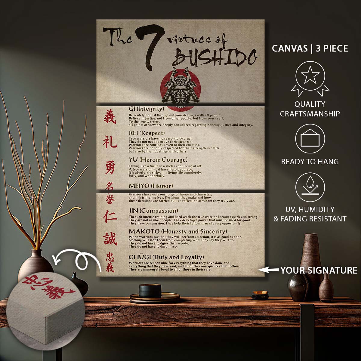 Samurai - 3 Piece Wall Art - SA036 - The Seven Virtues Of Bushido - Samurai Canvas