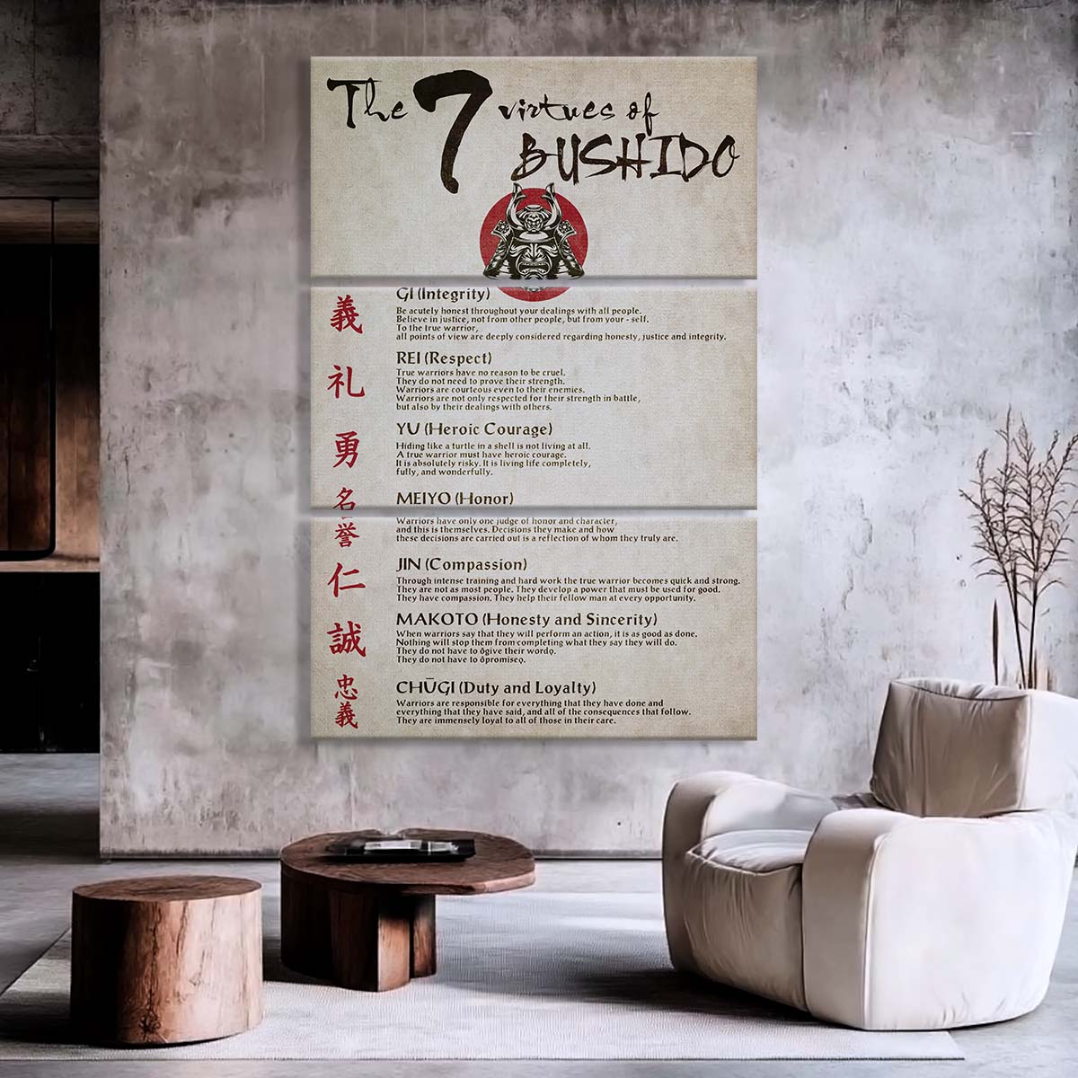 Samurai - 3 Piece Wall Art - SA036 - The Seven Virtues Of Bushido - Samurai Canvas