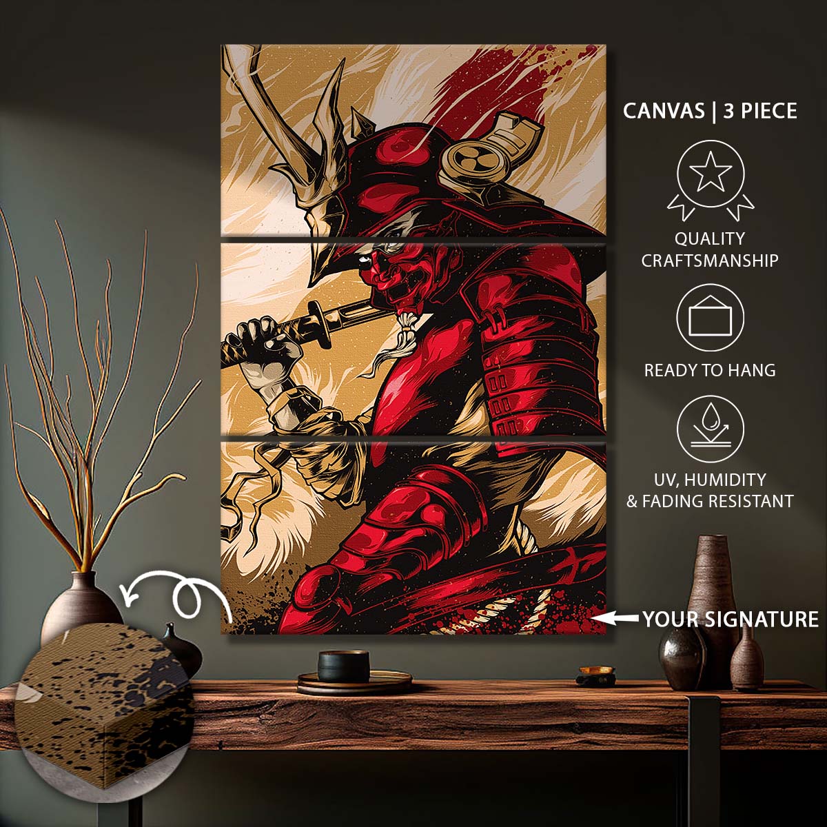 Samurai - 3 Piece Wall Art - SA084 - The Red Samurai - Samurai Canvas