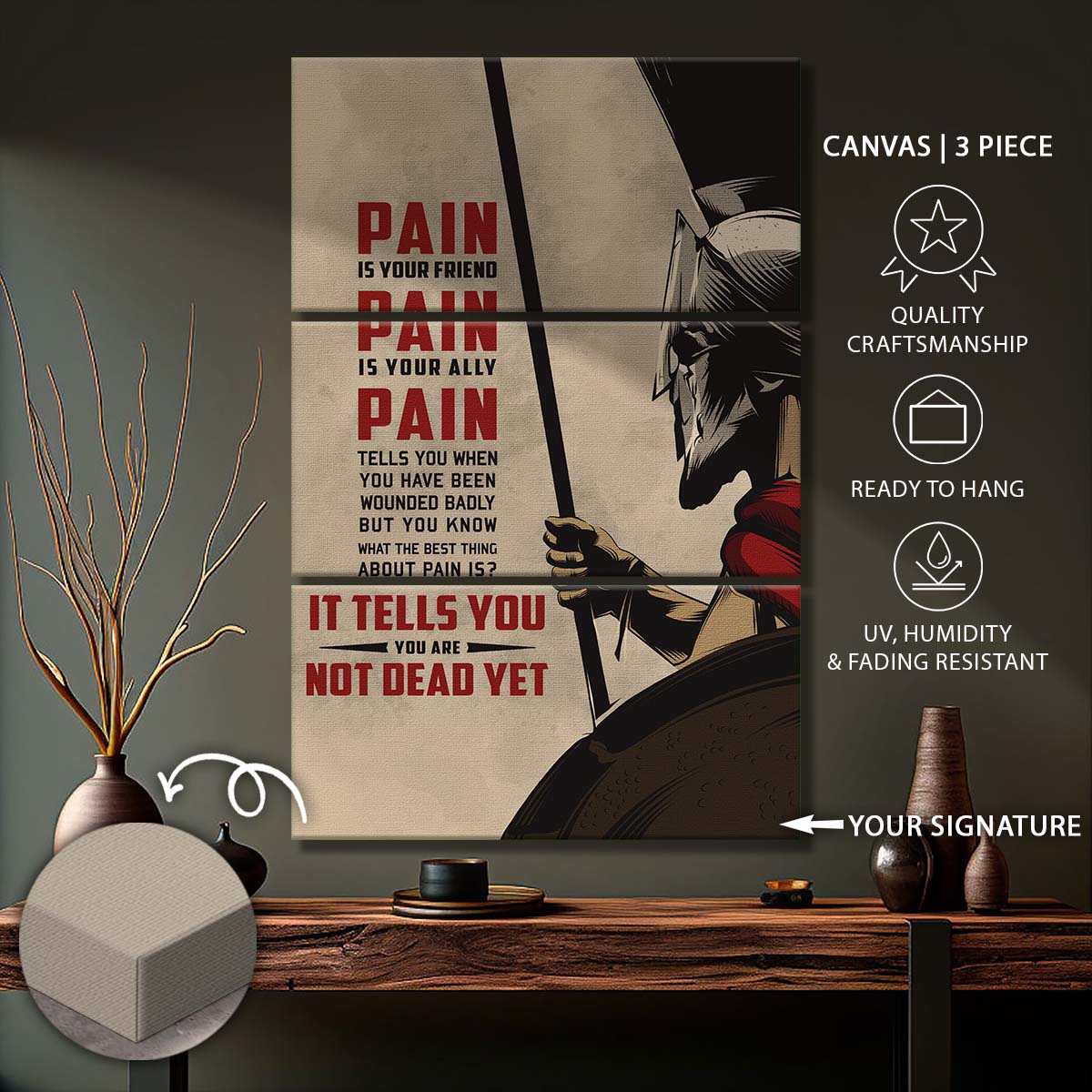 Spartan Warrior - 3 Piece Wall Art - WA011 - PAIN - You Are Not Dead Yet - Sparta - Leonidas - Gladiator - Spartan Warrior Canvas