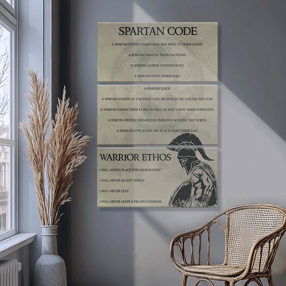 Spartan Warrior - 3 Piece Wall Art - WA039 - Spartan Code - Warrior Ethos - Sparta - Leonidas - Gladiator - Spartan Warrior Canvas