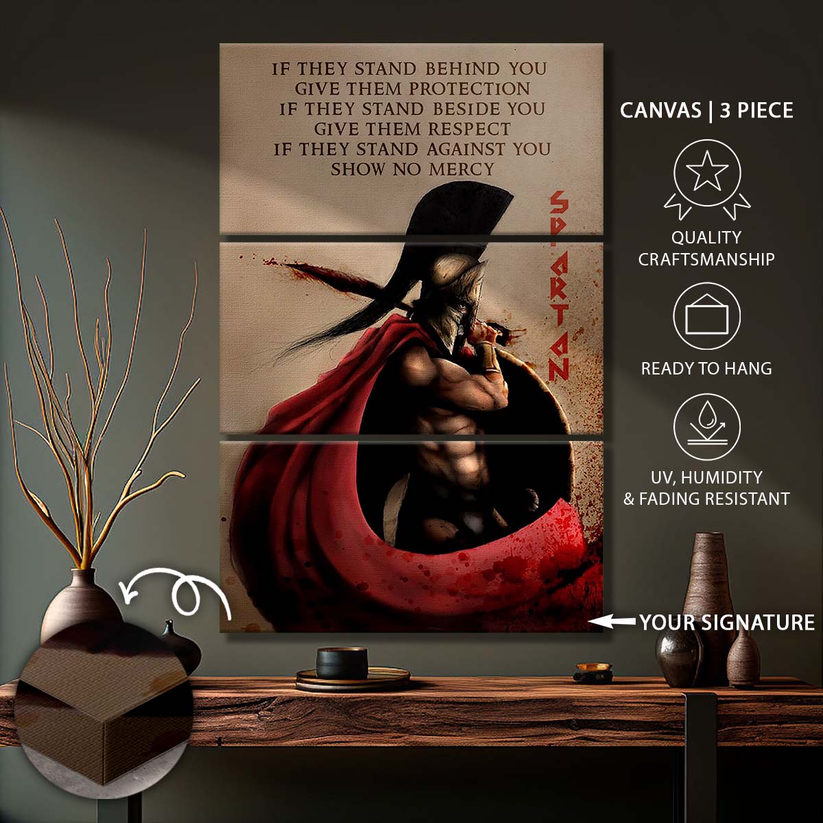 Spartan Warrior - 3 Piece Wall Art - WA065 - IF - Show No Mercy - Sparta - Leonidas - Spartan Warrior Canvas