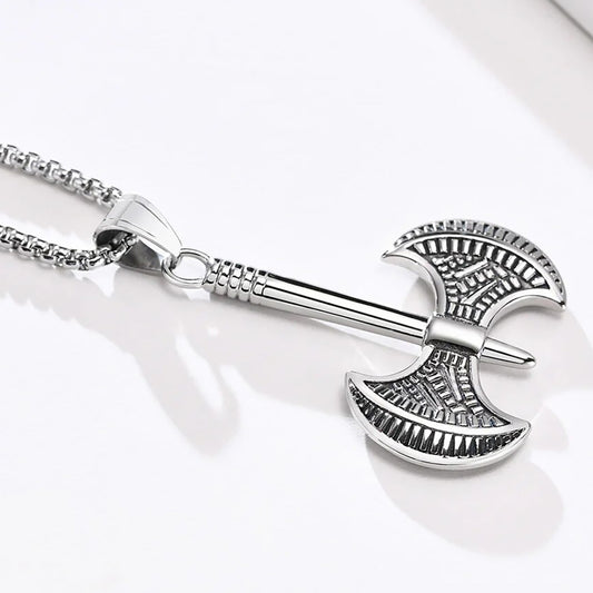 Viking - Gothic Viking Men Axe Necklace, Retro Nordic Almut Stainless Steel Pendant, Chunky Punk Boy Neck Collar