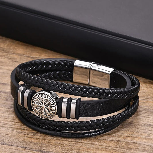 Viking - Norse Viking Bracelets for Men, Black Mens Leather Bracelet Bangle
