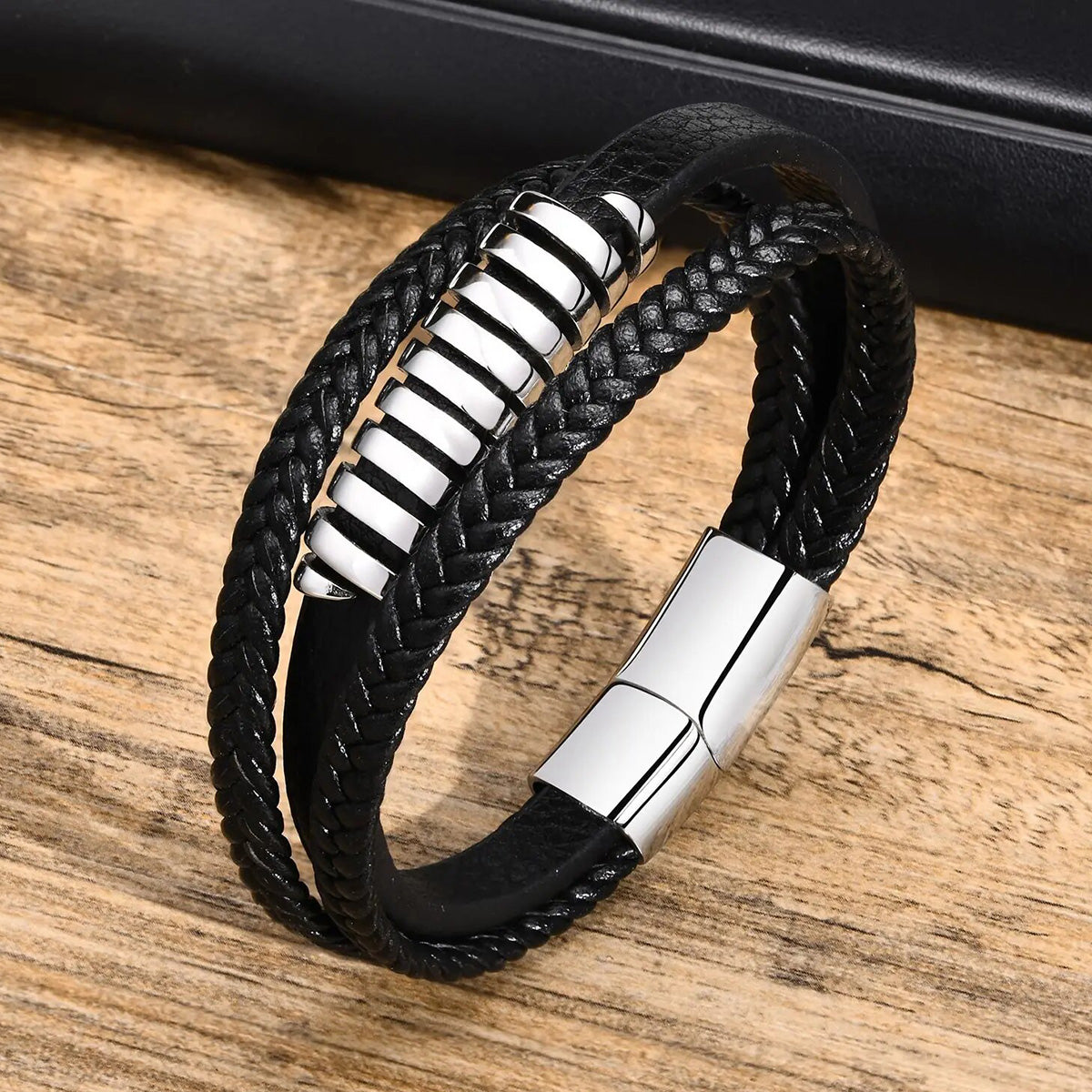 Viking - Norse Viking Bracelets for Men, Black Mens Leather Bracelet Bangle