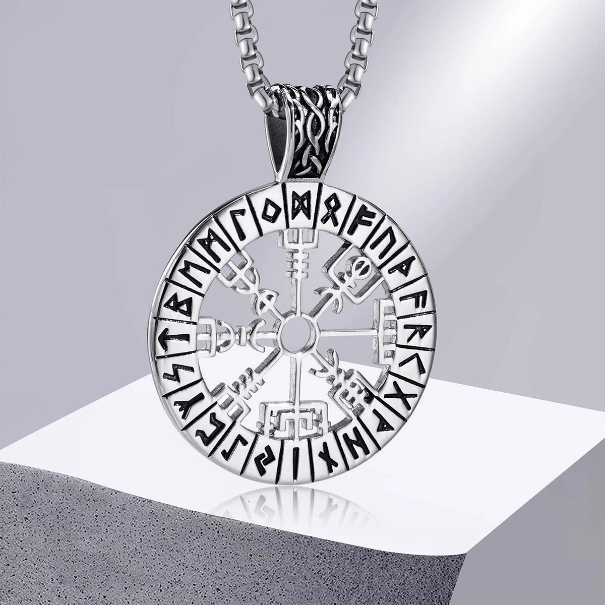 viking - viking compass necklaces for men, stainless steel viking - hollow sailing guide pendant with box chain, nordic vegvisir rune amulet