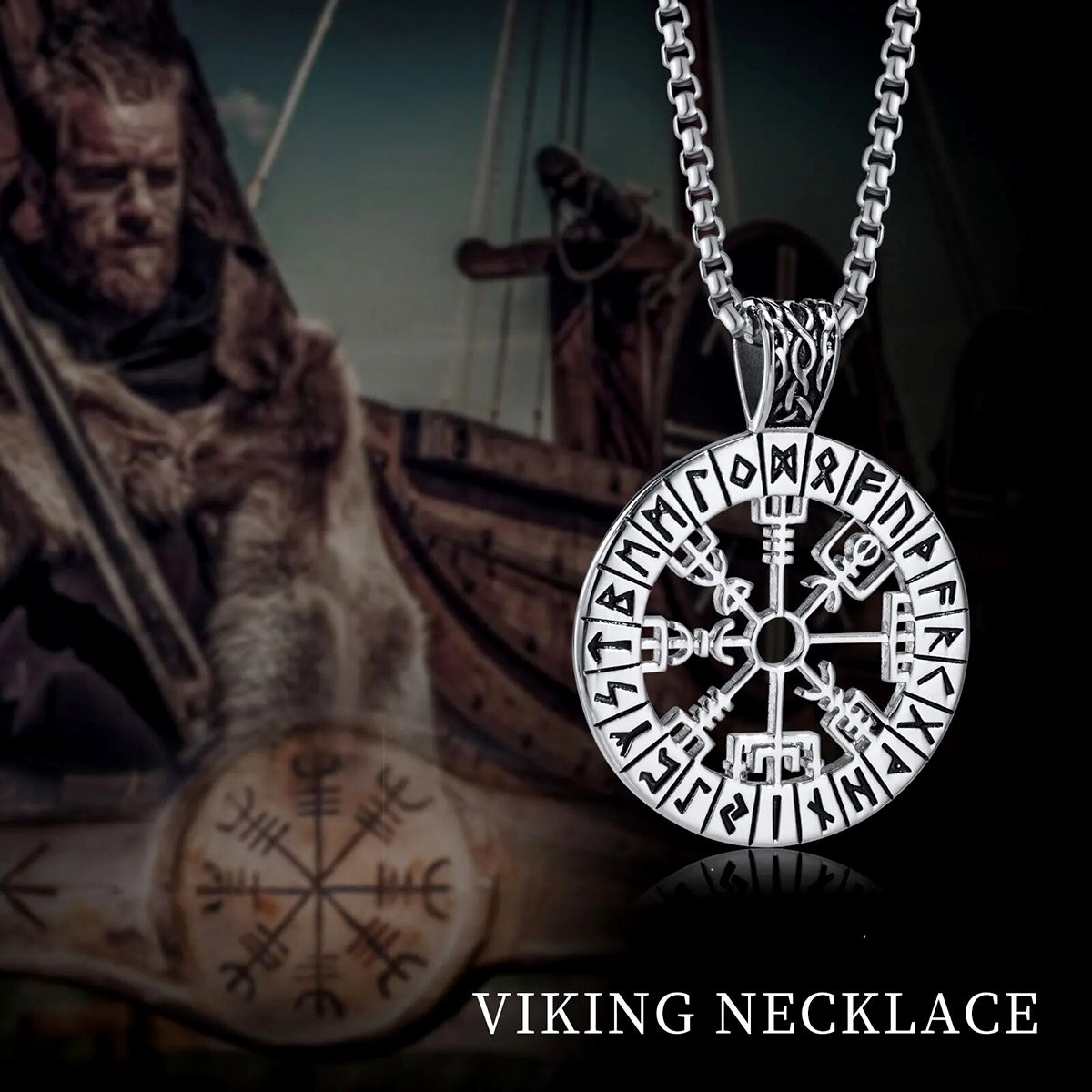Viking - Viking Compass Necklaces for Men, Stainless Steel Viking - Hollow Sailing Guide Pendant with Box Chain, Nordic Vegvisir Rune Amulet